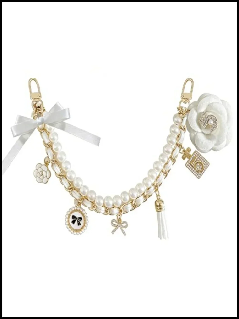 Bag Charms Tote Bag Keychain Set Satin Bow Acrylic Flower Gold-Tone Metal